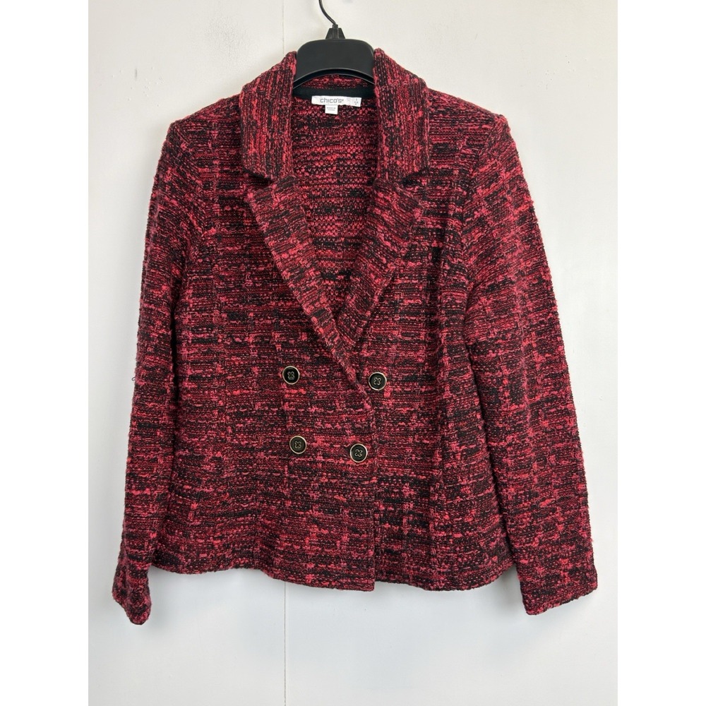 Chico's Women's Size 1/M Tweed Double-Breasted Sweater Blazer Red Black Knit